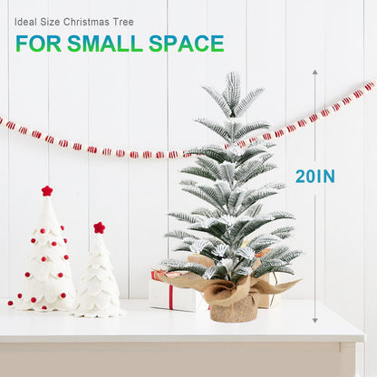 50cm Flocked Tabletop Christmas Tree - White+Green PE Mini Tree with Burlap Base