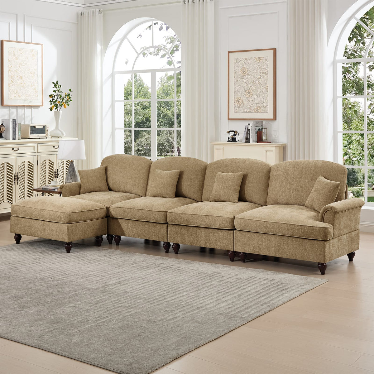 Light Coffee Chenille Modular Sectional Sofa with Removable Ruffles for Living Room