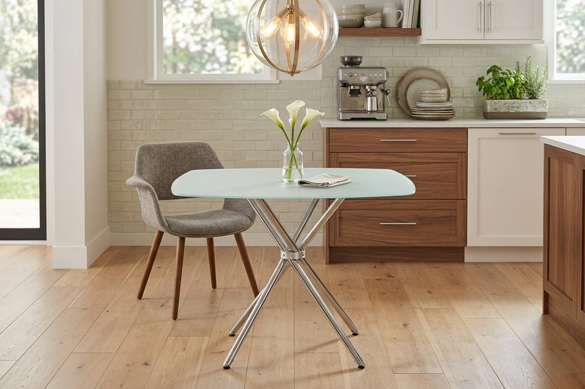 Chrome Square Glass Dining Table for Modern Kitchen and Dining Rooms