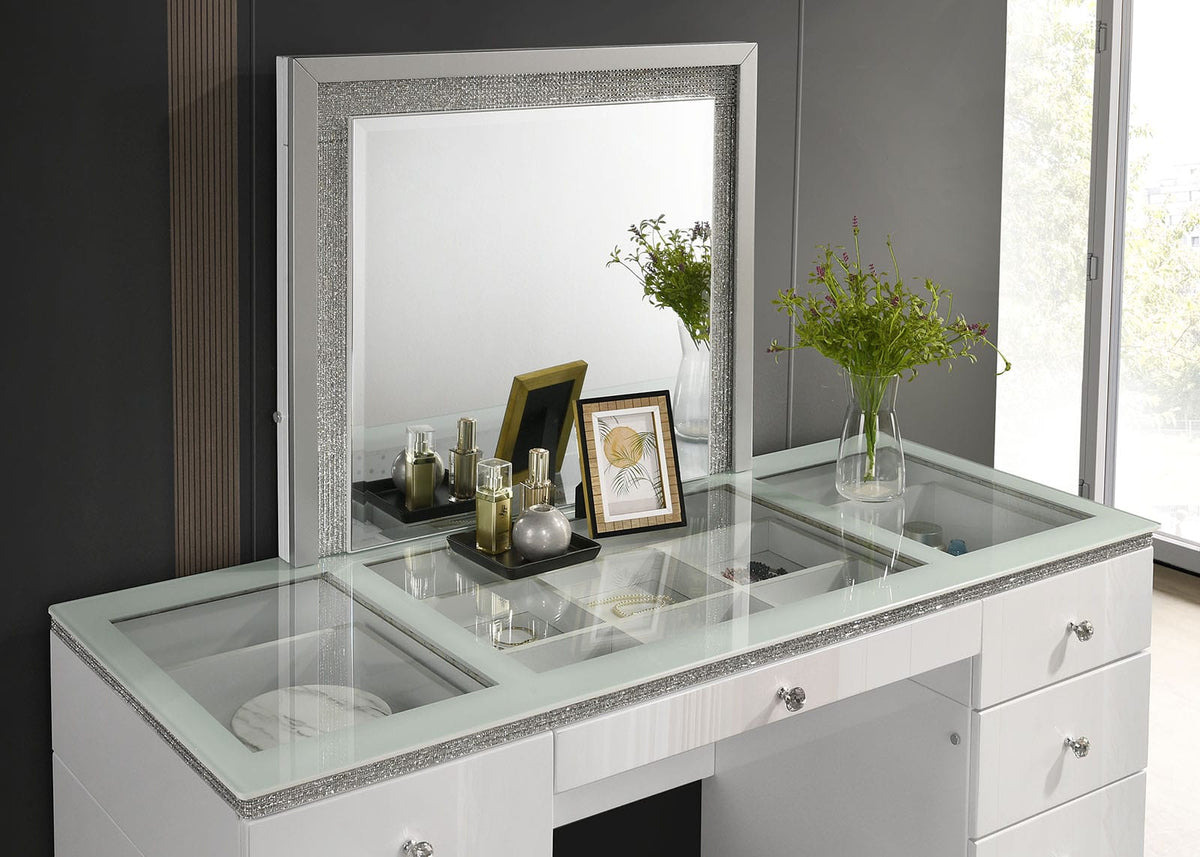 Contemporary White Vanity with 5 Drawers - Storage & Mirror