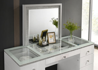 Contemporary White Vanity with 5 Drawers - Storage & Mirror
