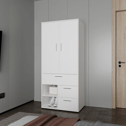 White Bedroom Wardrobe with Hanging Rod & Shelves