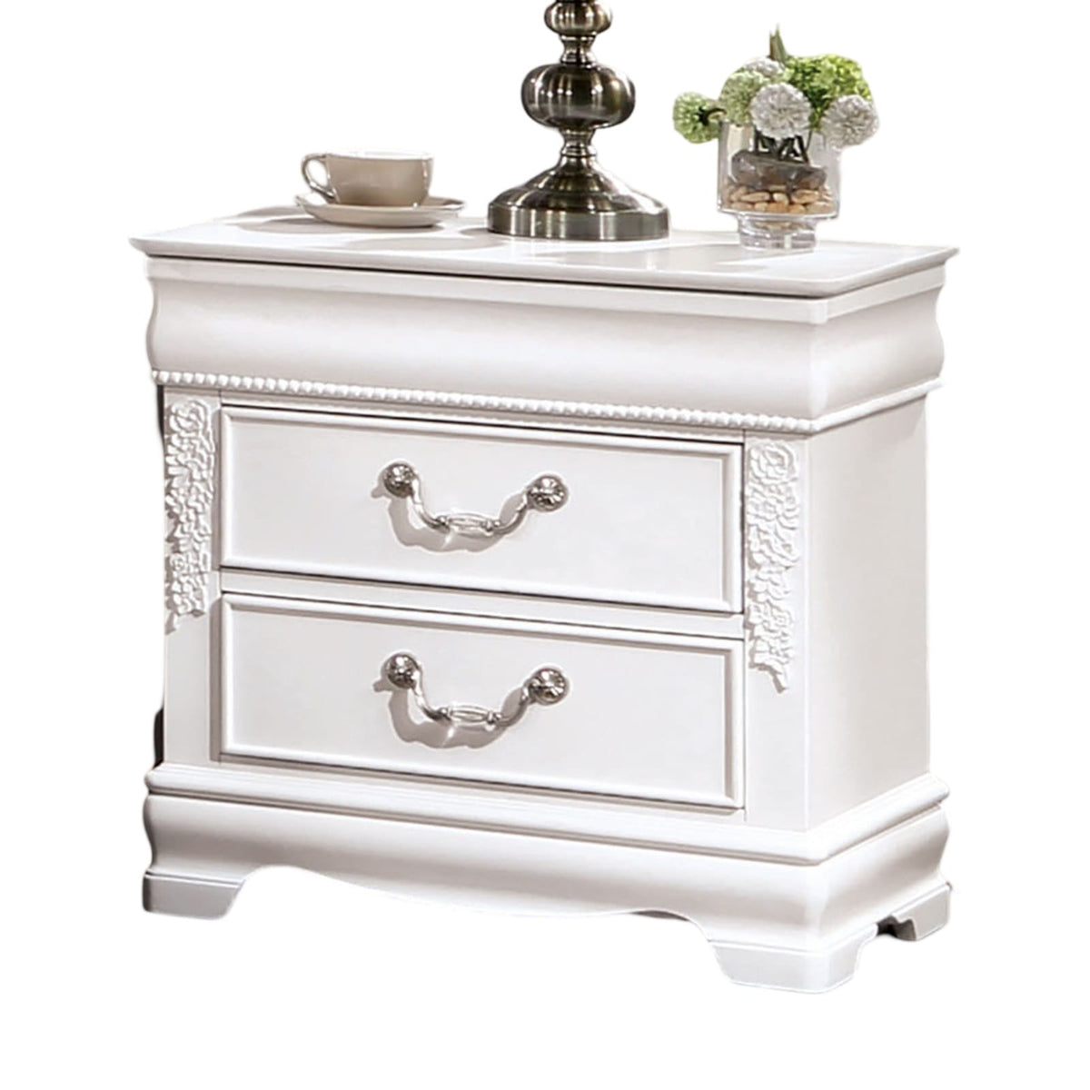 Classic White Nightstand - 2 Drawers Solid Wood Bedside Table