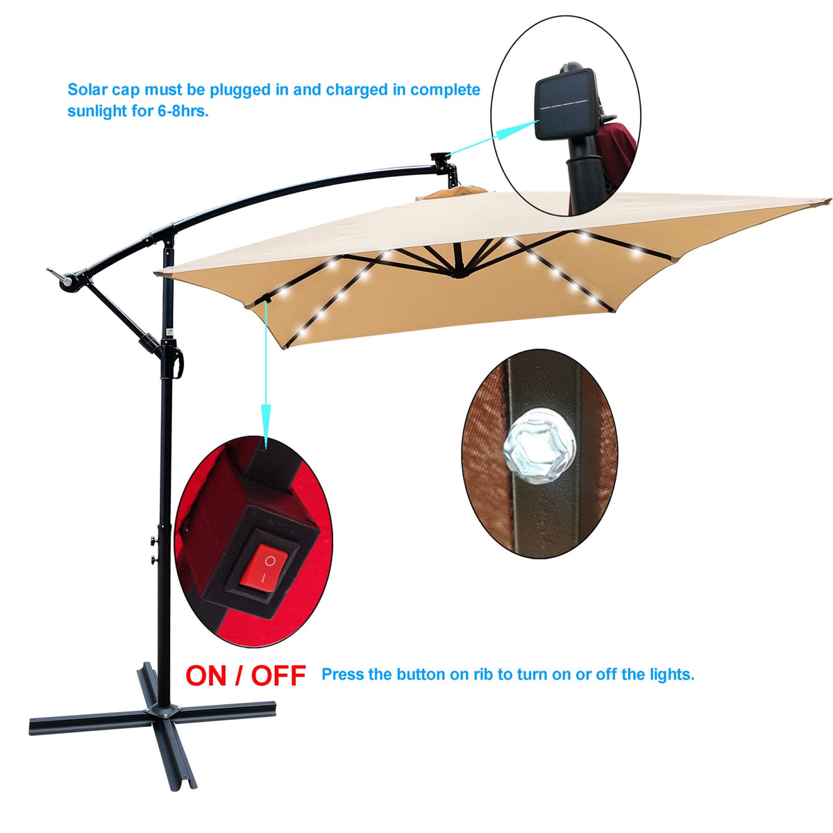 Large Tan Steel Patio Umbrella with Solar LED Lights