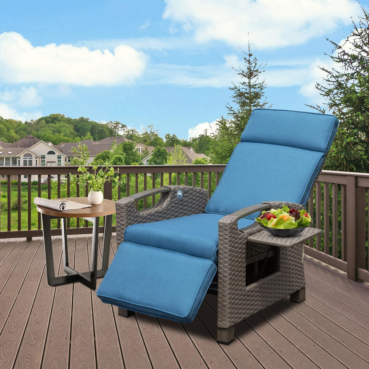 Blue Rattan Patio Recliner - Outdoor Lounge Chair