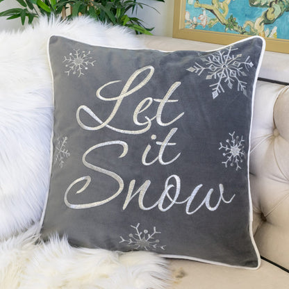 Gray Polyester Throw Pillow with Snowflake Embroidery 20x20 Inch