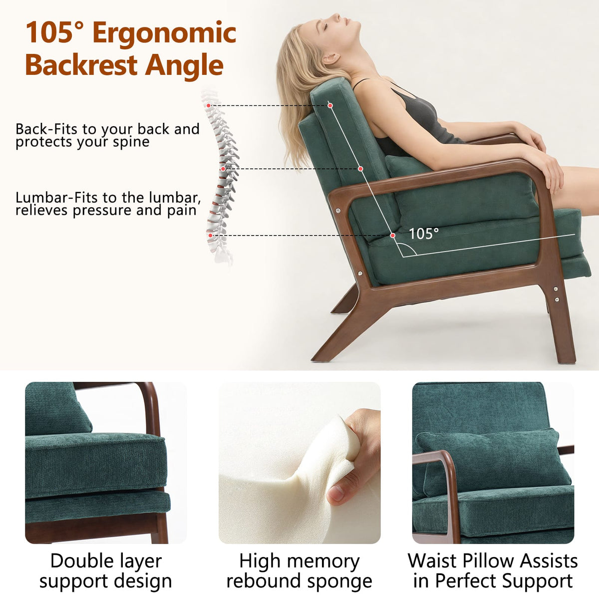 Mid-Century Modern Lounge Chair, Dark Green Polyester - Accent Chair for Living Room