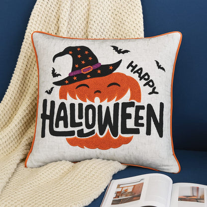 Happy Halloween Pumpkin Witch Throw Pillow - 20x20 Natural Polyester