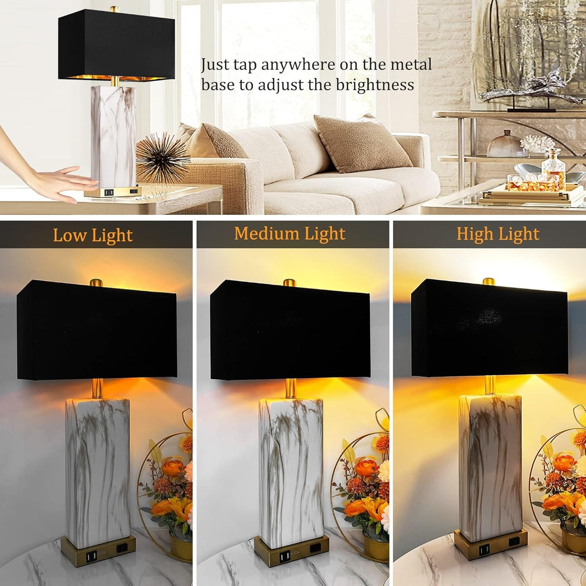 Modern Black Metal Table Lamps Set of 2 with USB Charging for Bedside