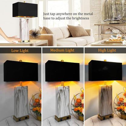 Modern Black Metal Table Lamps Set of 2 with USB Charging for Bedside