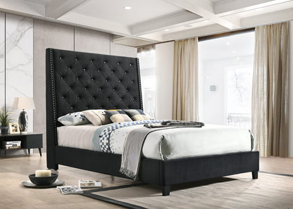 Queen Black Wood Bed Frame Button Tufted Modern