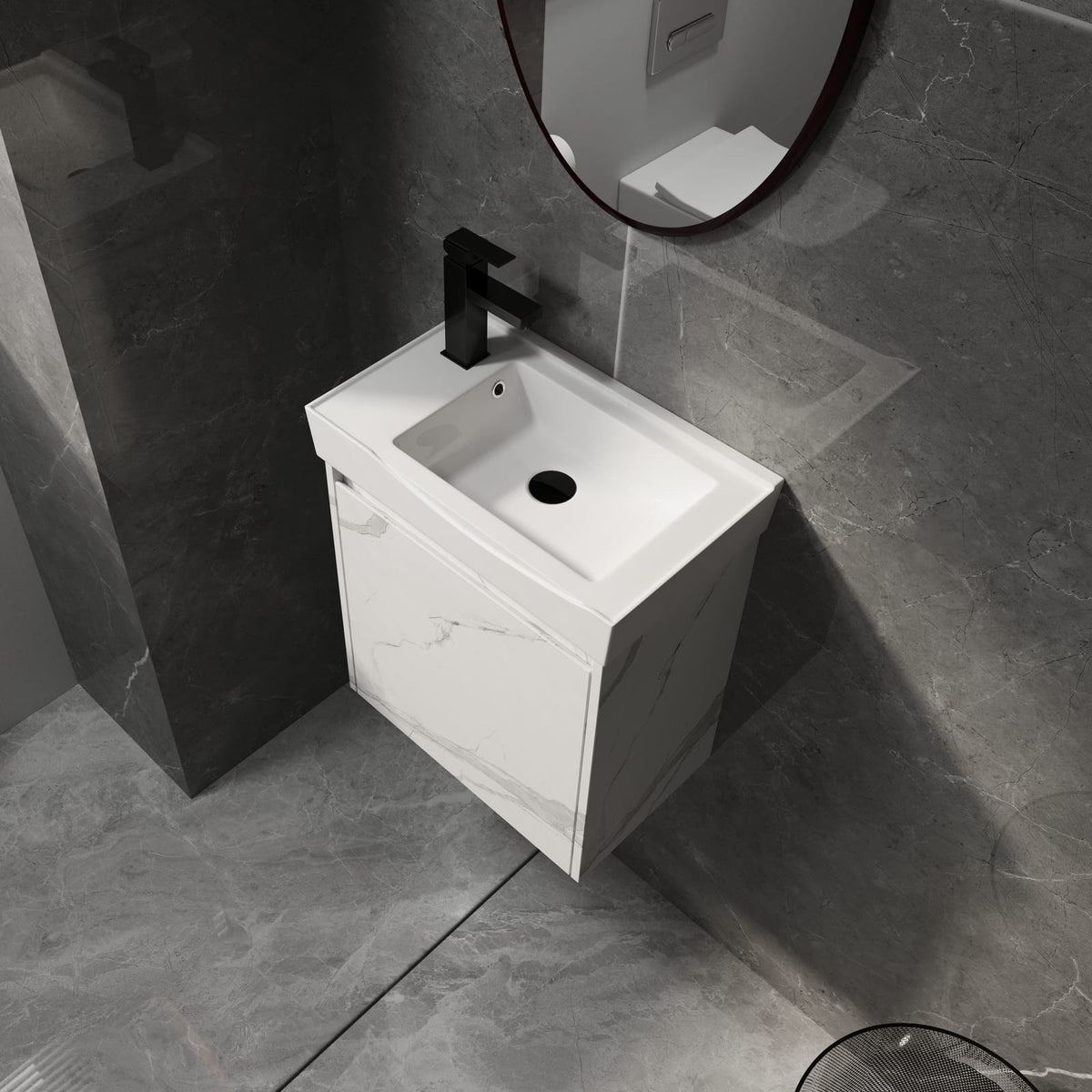 Carrara White Bathroom Vanity with Ceramic Sink - 19.69" Storage Cabinet