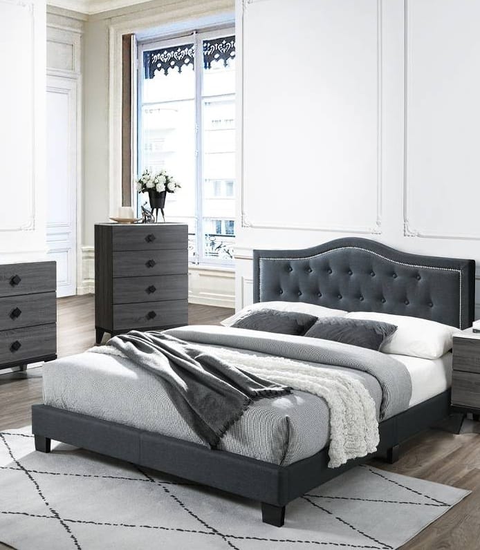 Queen Burlap Charcoal European Bed Frame with Tufted Headboard for Bedroom