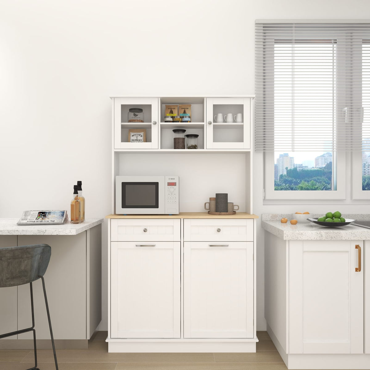 67.7" White MDF Kitchen Storage Cabinet - Trash Can with Shelves