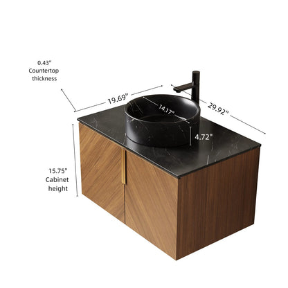 30 Inch Black and Brown Oak Bathroom Vanity with Sintered Stone Top
