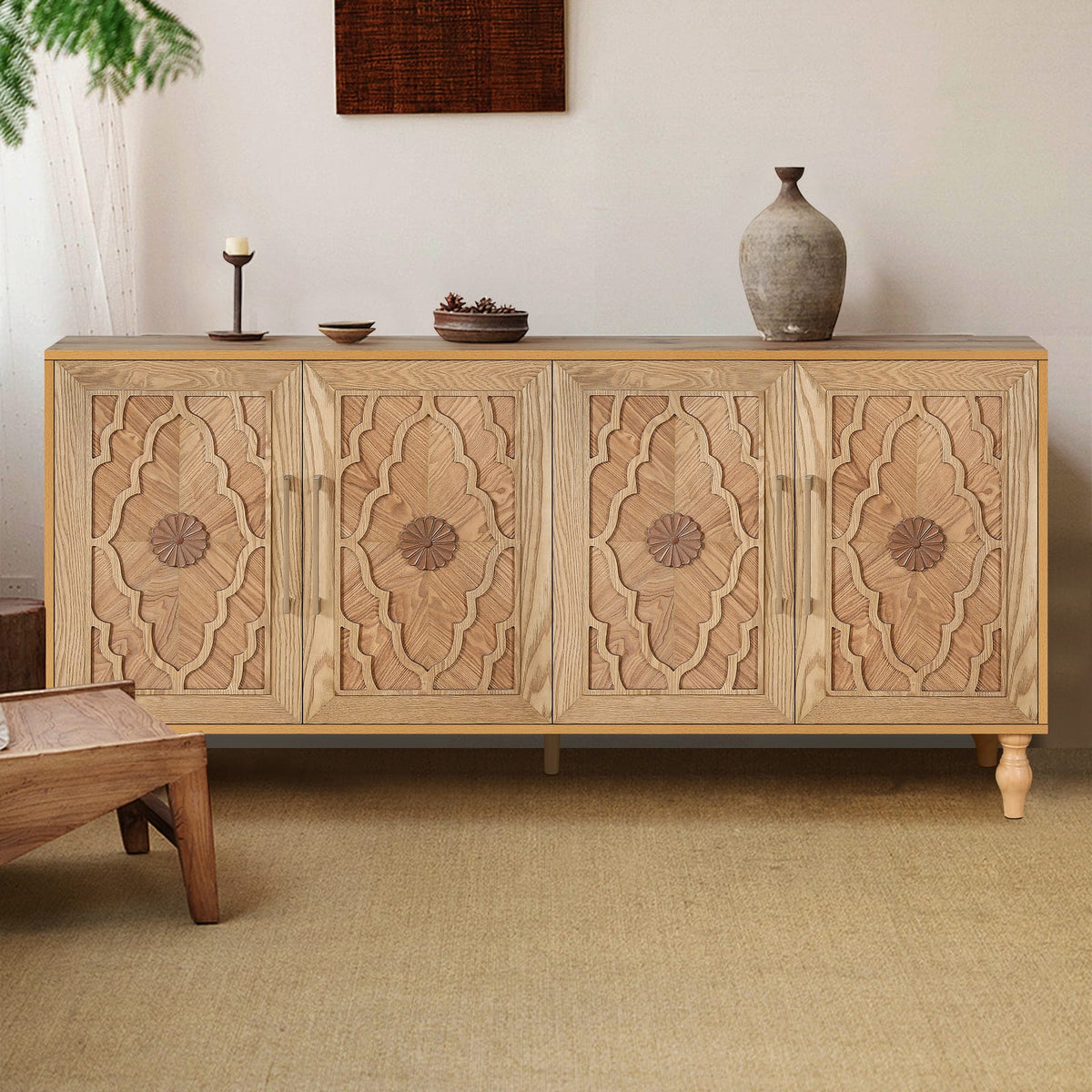 Large Carved Flower Door Cabinet - Natural Wood Storage