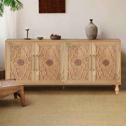Large Carved Flower Door Cabinet - Natural Wood Storage
