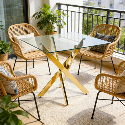 Dining Table with Golden Legs - Modern Glass Top, 90x90cm