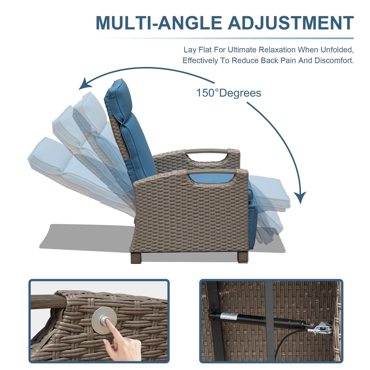 Blue Rattan Patio Recliner - Outdoor Lounge Chair