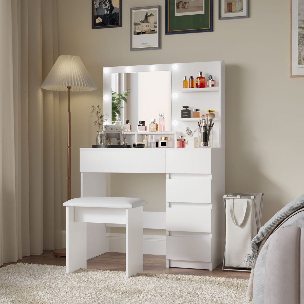 White Makeup Vanity Desk Set with Mirror & Lights - 4 Drawers