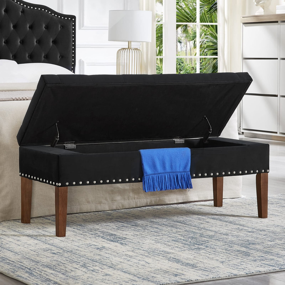 Black Velvet Storage Bench with Ottoman Seating for Living Room