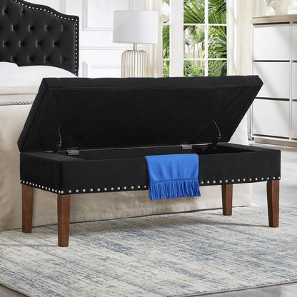 Black Velvet Storage Bench with Ottoman Seating for Living Room