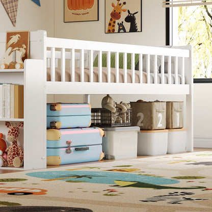Twin Bed Frame with Storage Shelf - White Wooden Platform Bed