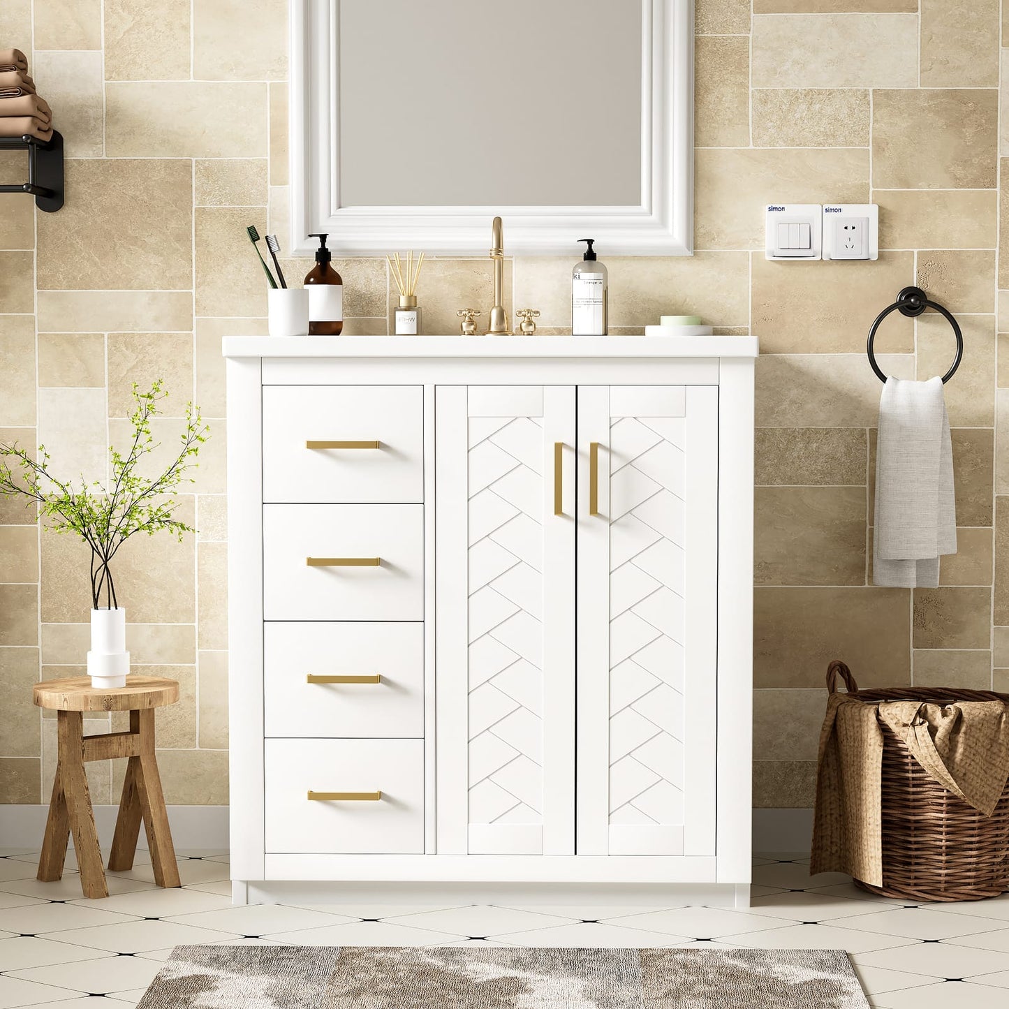 30 Inch White Bathroom Vanity with Ceramic Sink Storage