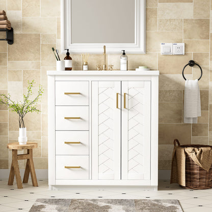 30 Inch White Bathroom Vanity with Ceramic Sink Storage