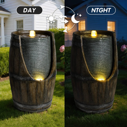 Grayish Green Resin Barrel Water Fountain Outdoor Patio Decor