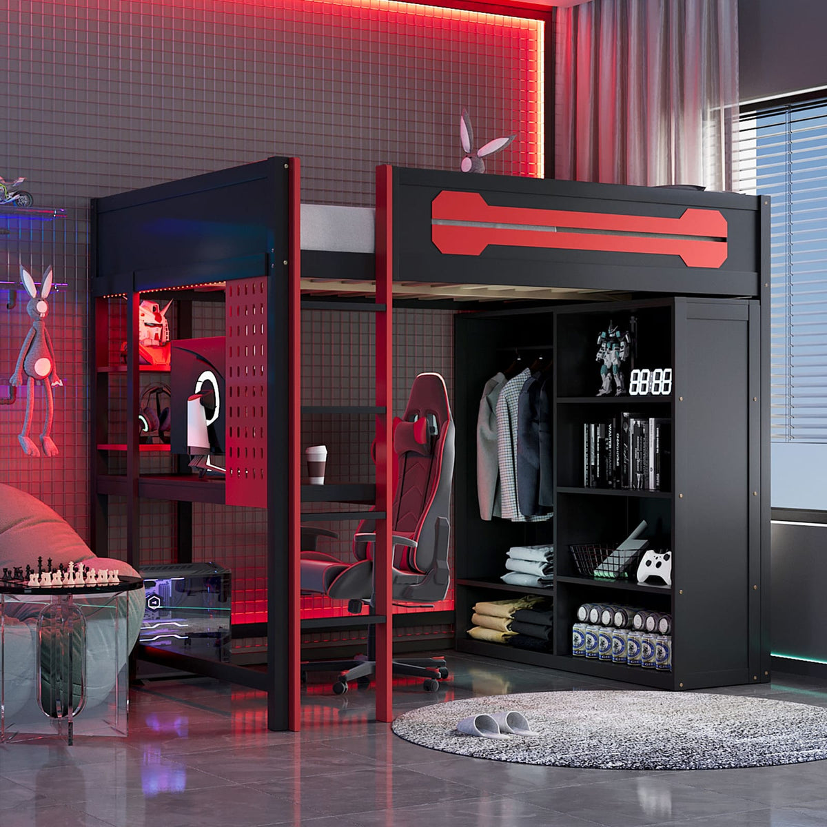 Full Red MDF Loft Bed with Desk - Gaming Bed Frame for Bedroom