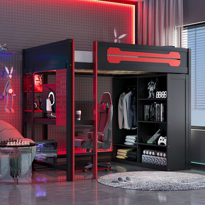 Full Red MDF Loft Bed with Desk - Gaming Bed Frame for Bedroom