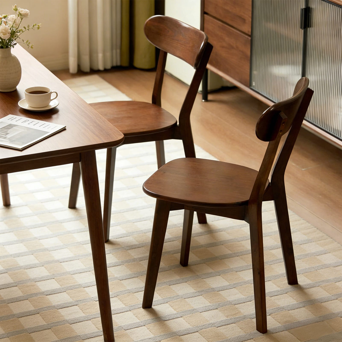 Mid-Century Modern Dining Chairs Set of 2 - Walnut Wood, Curved Backrest