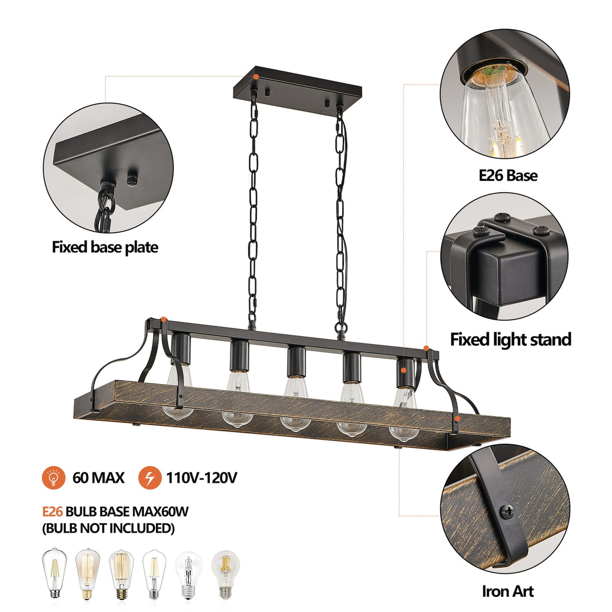 Black Gold Pendant Light - 34 Inch Dining Room Chandelier