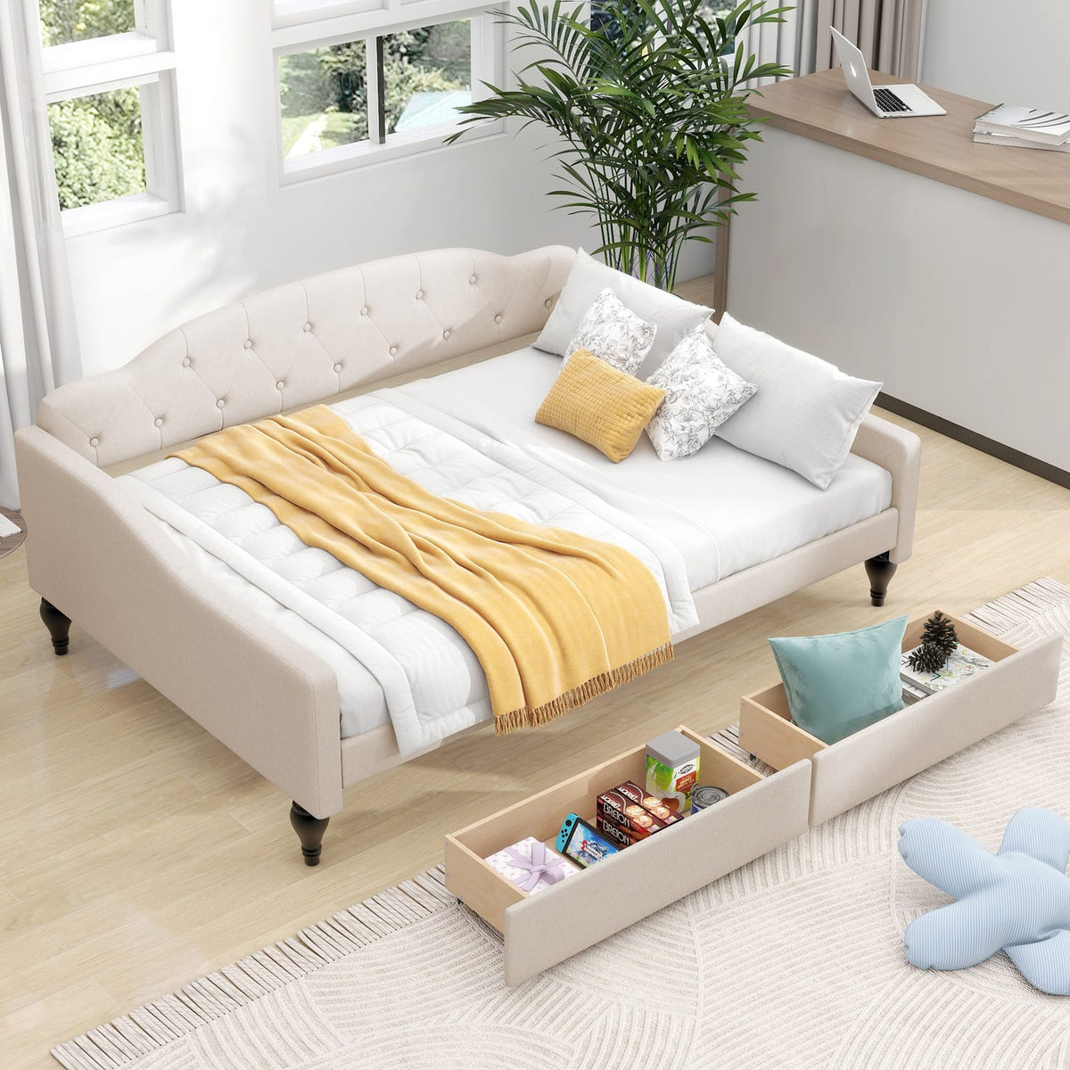 Full Size Beige Upholstered Daybed with Drawers - No Box Spring Needed for Bedroom