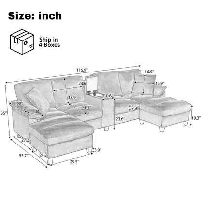 Brown Corduroy Sectional Sofa - 4 Seat U-Shaped with Storage