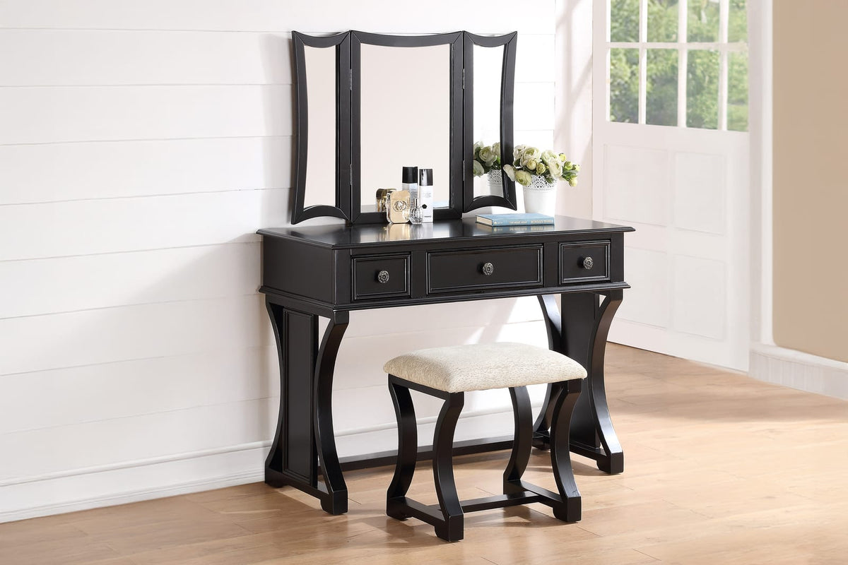 Modern Black Vanity Set with Drawers & Mirror - Bedroom Storage