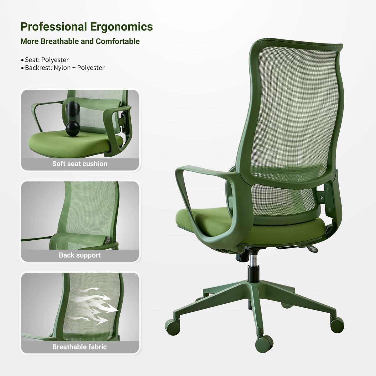 Green Ergonomic Office Chair - Adjustable Lumbar Support, Mesh Back for Home Office