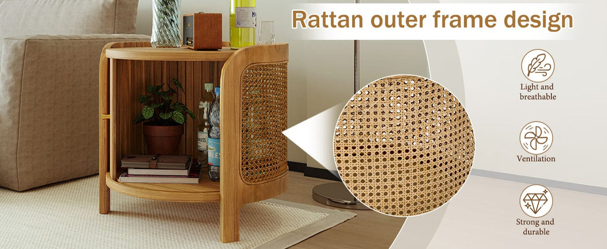 Antique Brown Round Coffee Table with Rattan & Storage for Living Room