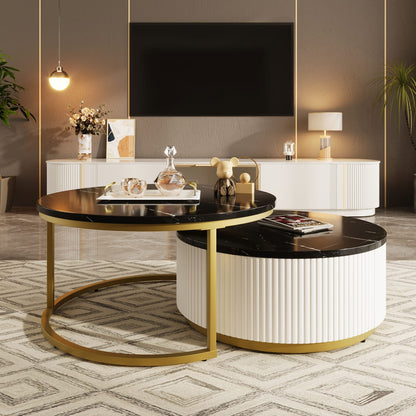 Modern Round Nesting Coffee Table - Golden Black & White