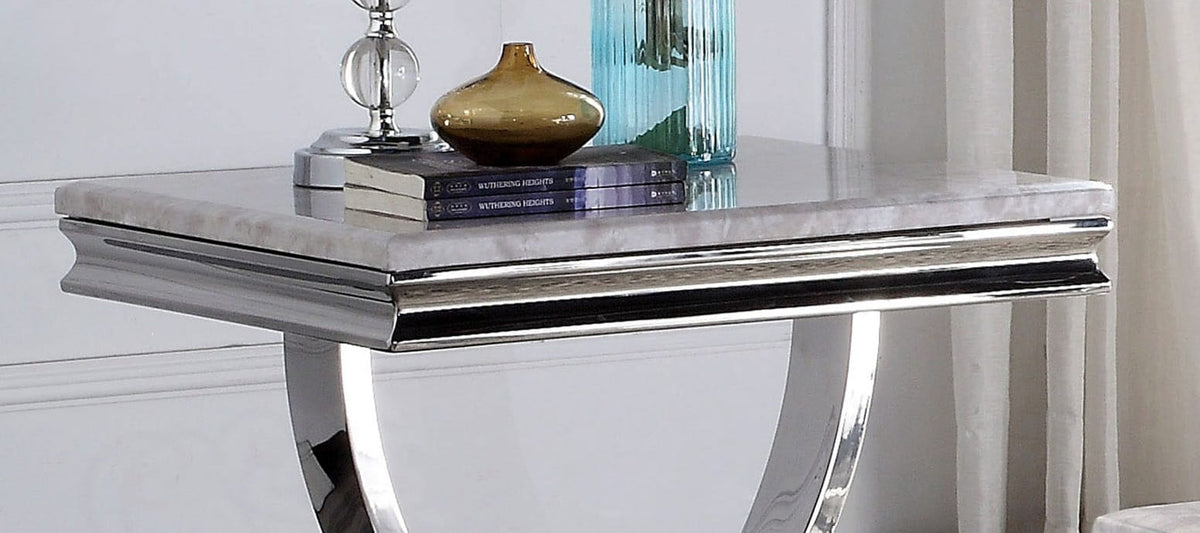Chrome Faux Marble End Table - Modern Glam Style