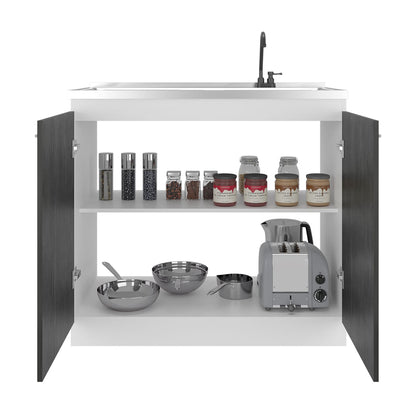 Grey White Kitchen Sink Cabinet with Faucet Storage