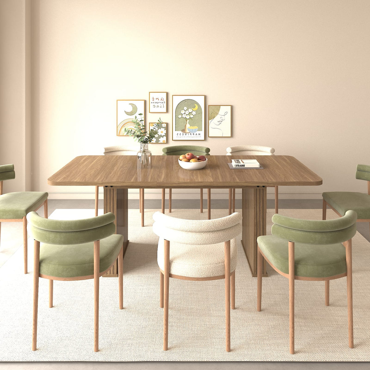 Extendable Dining Table for 6-10 Seats, Modern Beige Brown Wood