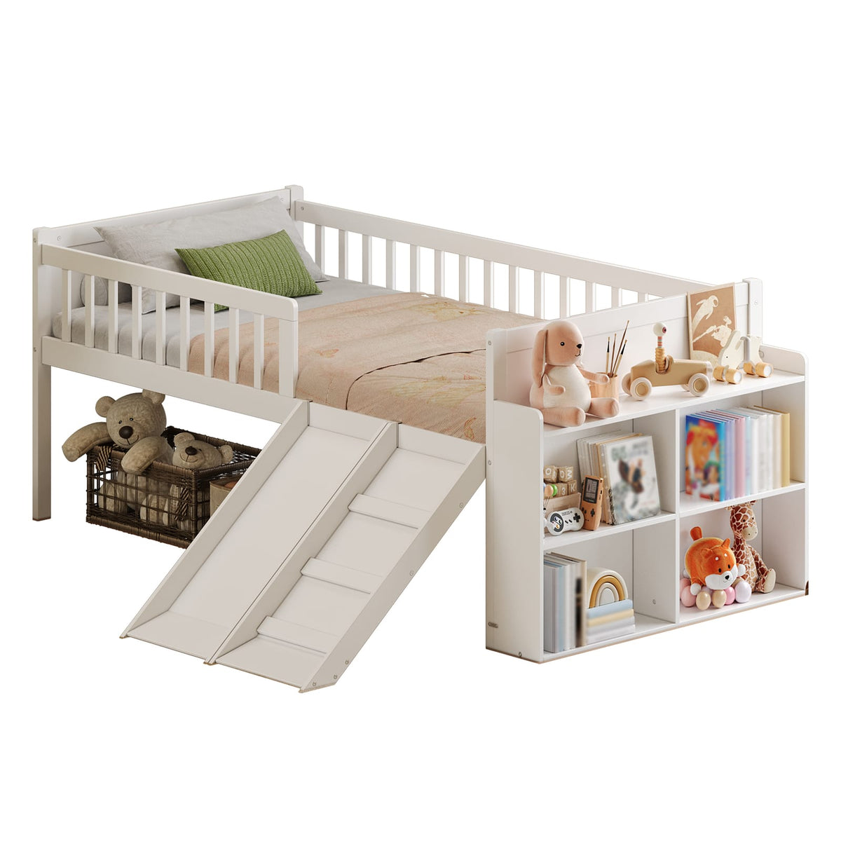 Twin Bed Frame with Storage Shelf - White Wooden Platform Bed