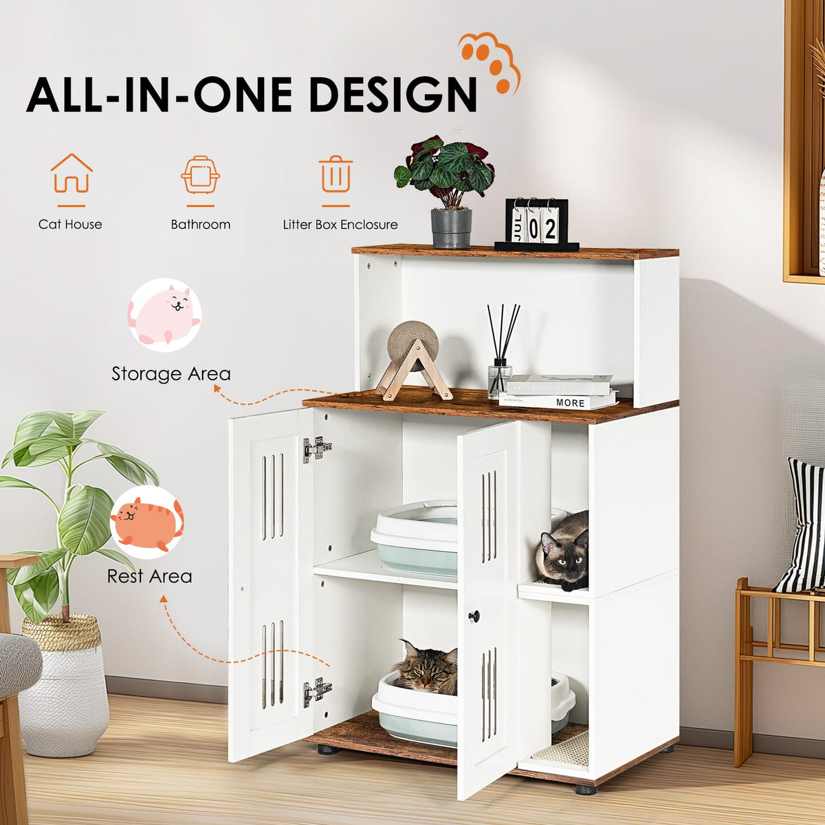 31.5" White+Walnut Cat Litter Box Cabinet - 2 Cat Storage