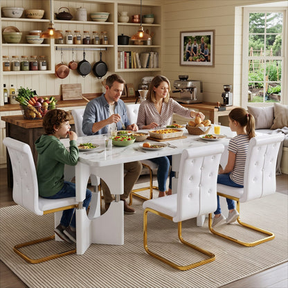 Modern White Dining Table - MDF Marble Style, Compact Design for Dining Room