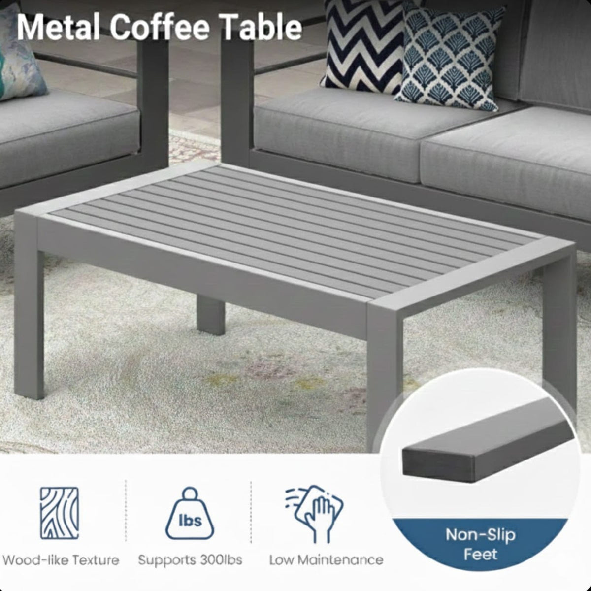 43" x 24" Gray Metal Outdoor Coffee Table - Durable & Weather-Ready
