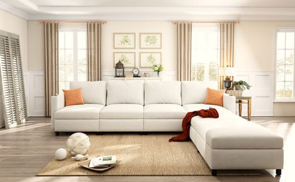 6 Seat Antique White Fabric Storage Sofa with Ottomans