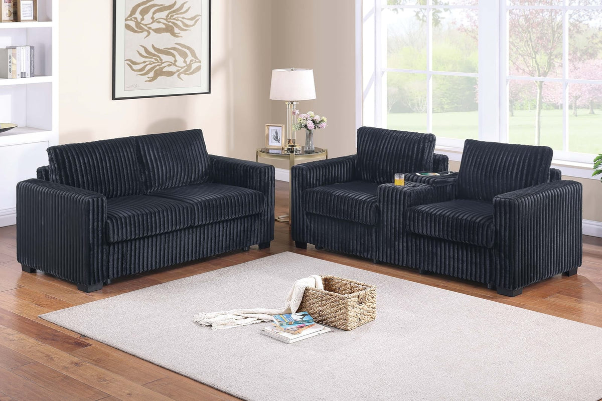 Modern Corduroy Sofa Set - 2-Piece Loveseat & Sofa Black for Living Room