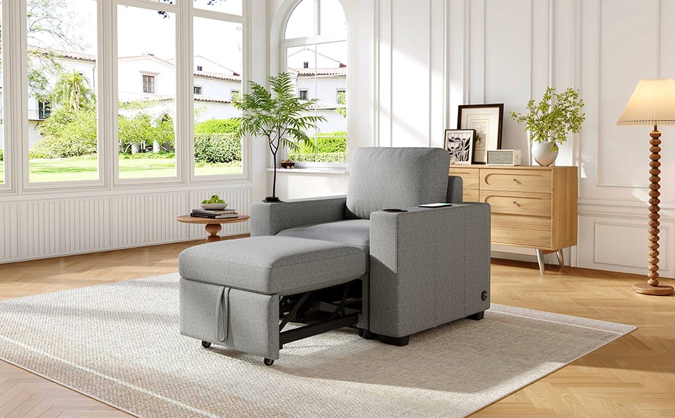 Gray Chenille Sofa Bed - 35.4" Pull Out Sofa Couch for Living Room